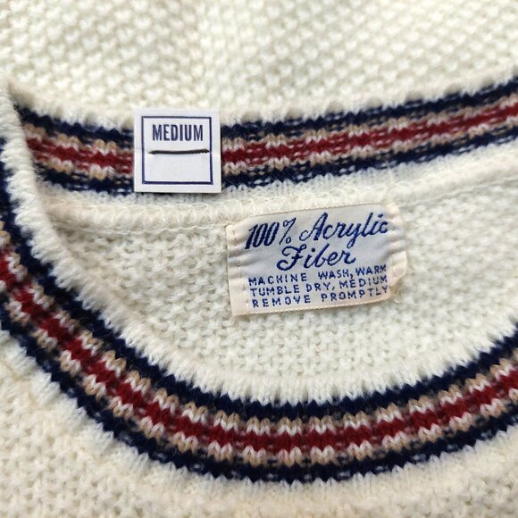 Vintage Cream Textured LS Knit Sweater w/stripe trim collar, sleeves, waist - Picture 6 of 6